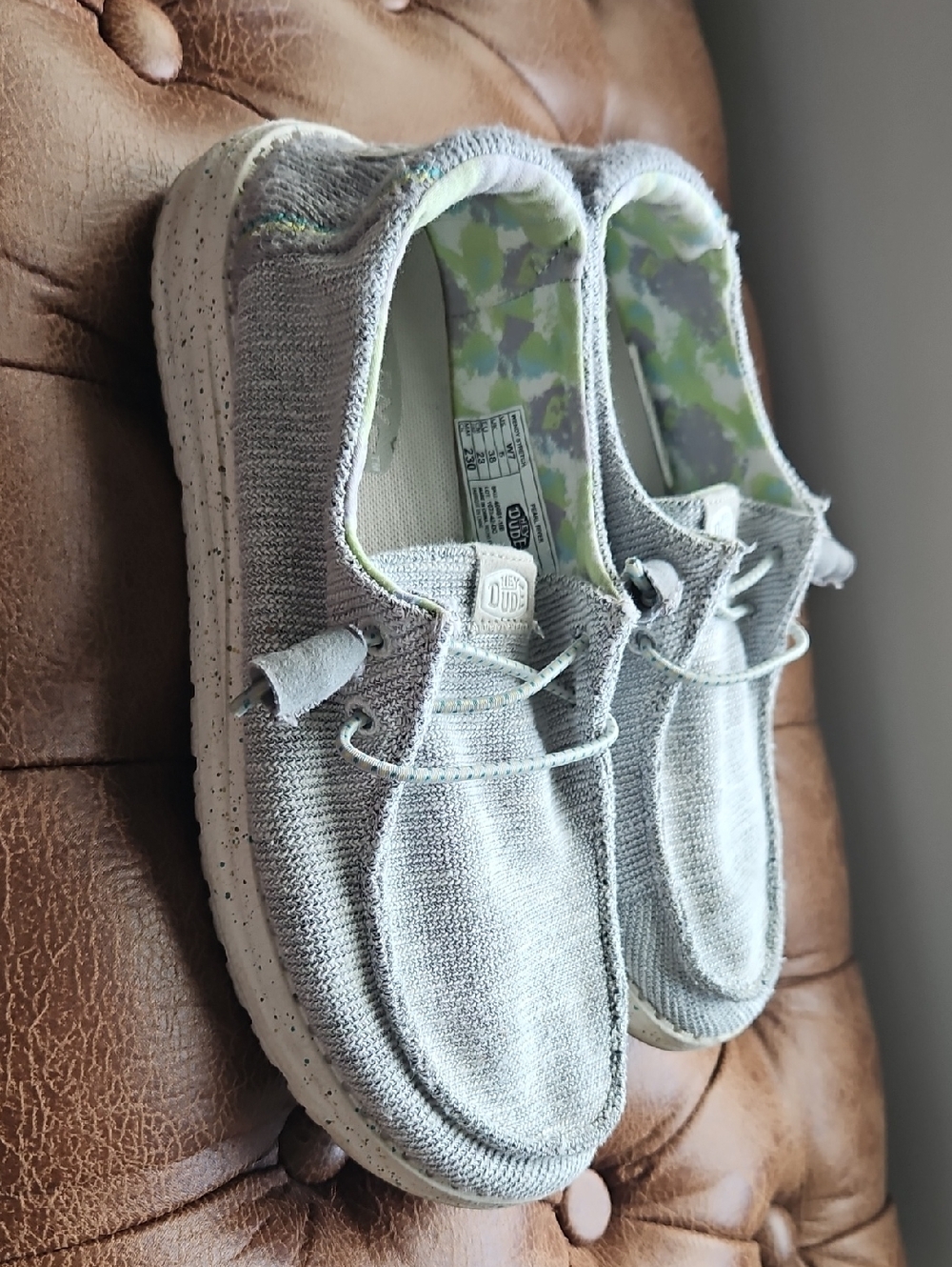 Hey Dude Women's Light Gray Slip-On Sneakers with Mint Accents